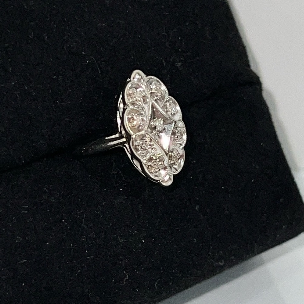 14K White Gold Vintage Diamond Cluster Ring With Gallery Work- Art Deco Size 4.5